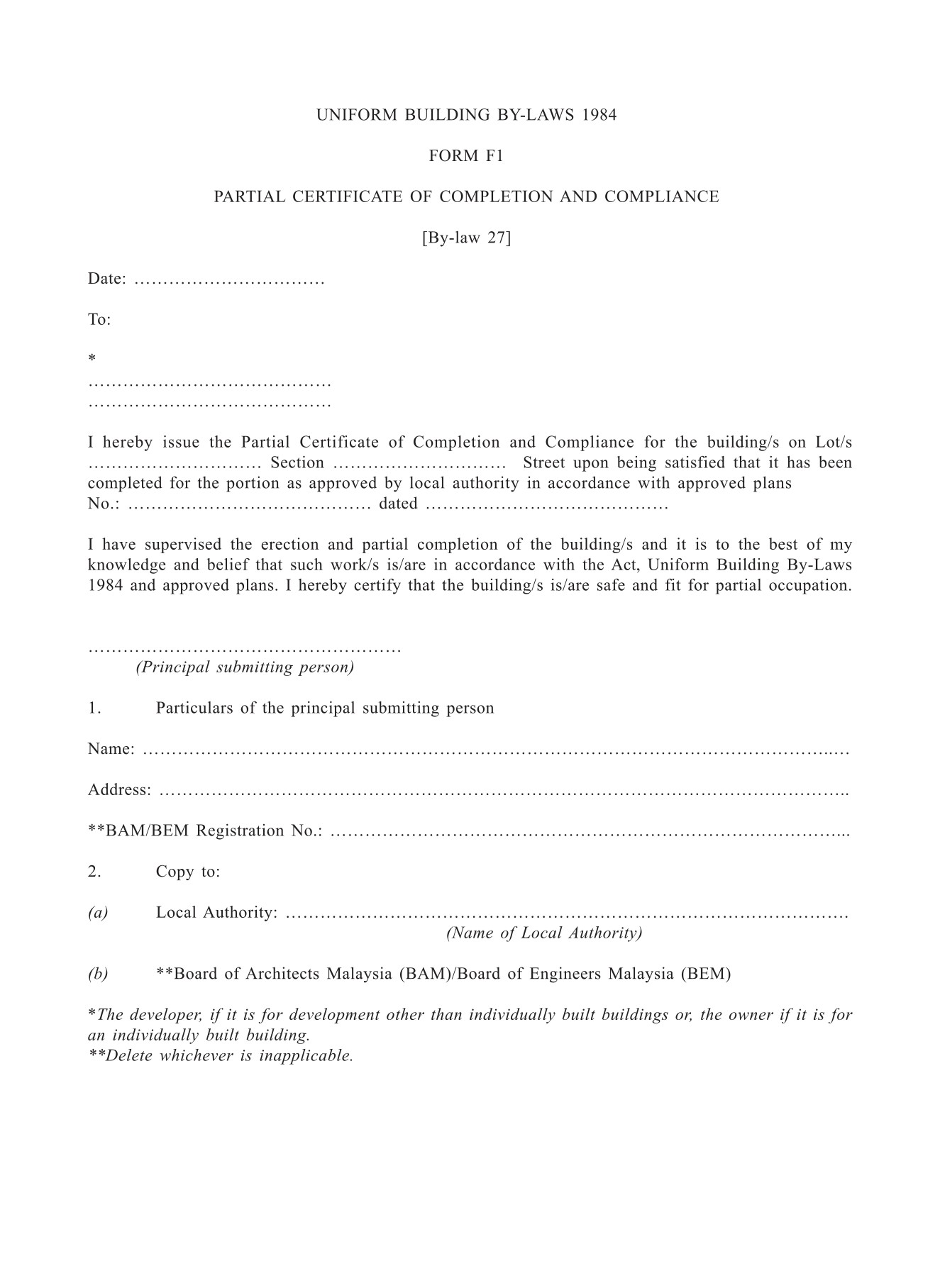 Form F1 PARTIAL CERTIFICATE OF COMPLETION AND COMPLIANCE
